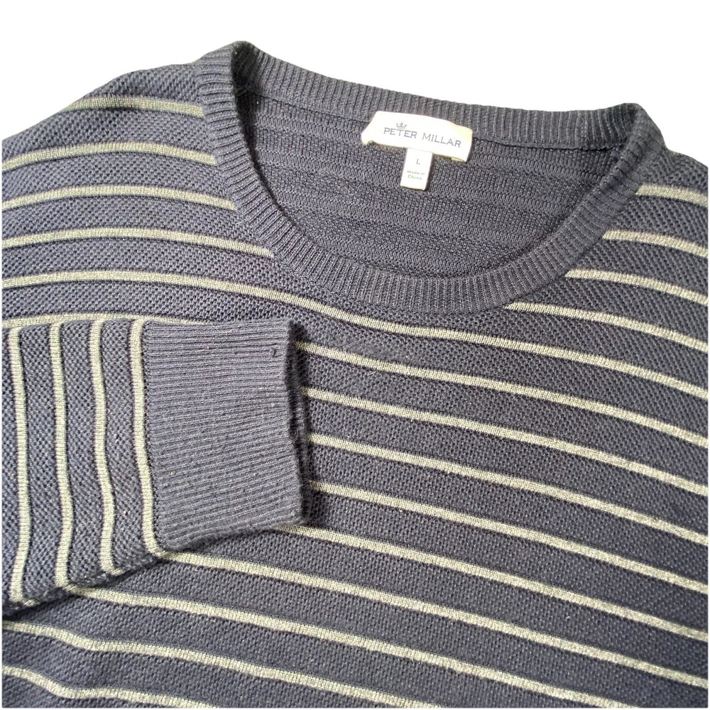 Peter Millar Mens‎ Merino Wool Sweater Large Blue Striped Long Slv Pullover Golf